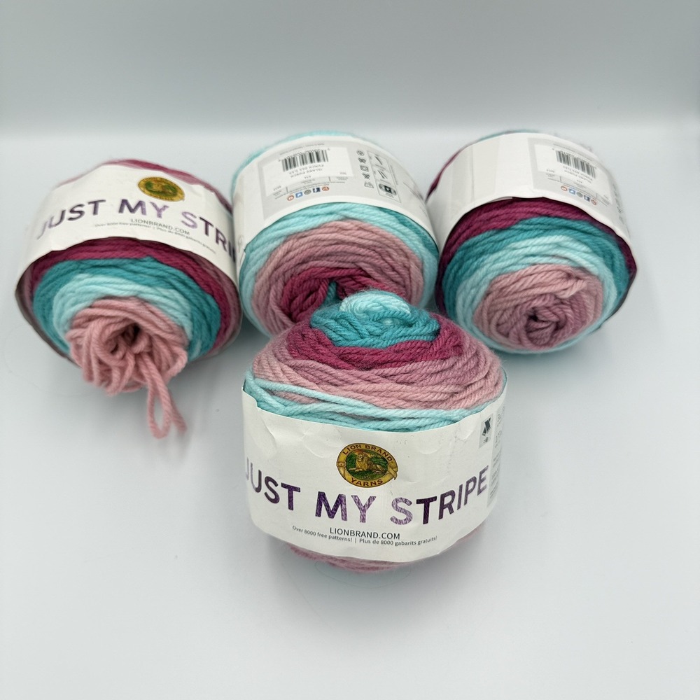 Lion Brand Just My Stripe Island Punch Yarn Lot 4 Cakes Discontinued 708 Yards